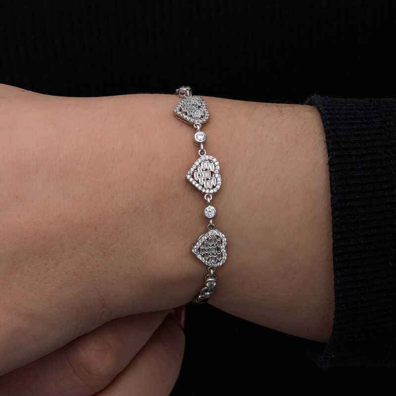 Baguette Stone Heart Women's Silver Bracelet