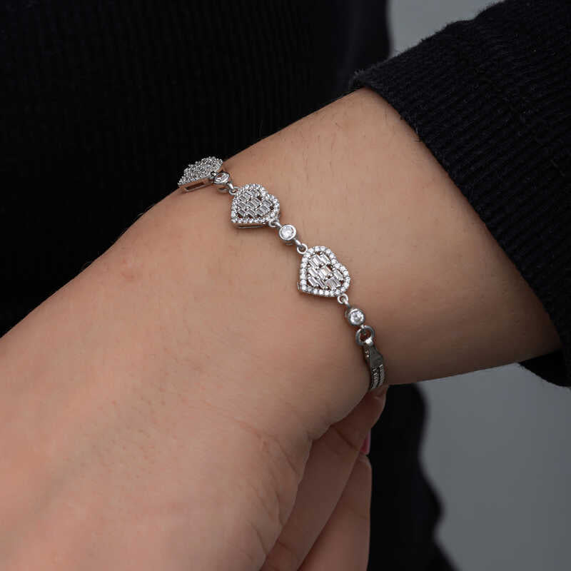 Baguette Stone Heart Women's Silver Bracelet