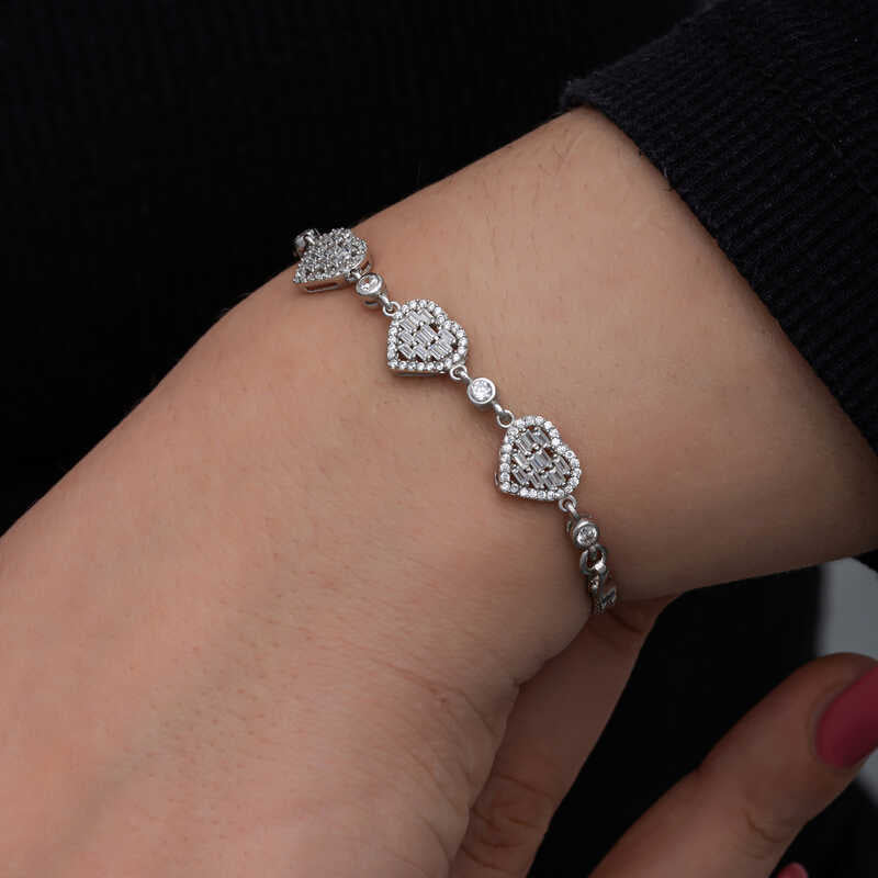 Baguette Stone Heart Women's Silver Bracelet