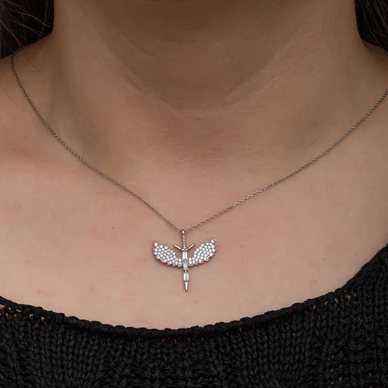 Baguette Stone Michael Sword Women's Silver Necklace