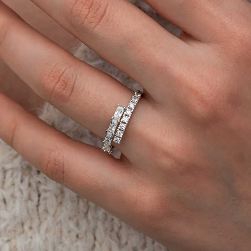 Baguette Stone Half-Hoop Women's Silver Ring