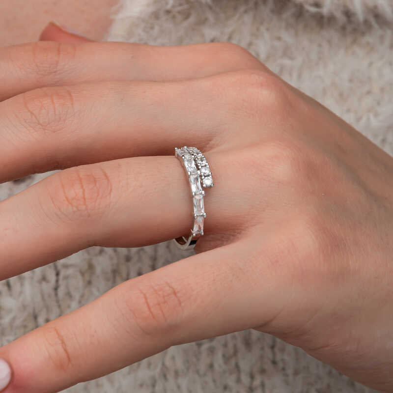 Baguette Stone Half-Hoop Women's Silver Ring