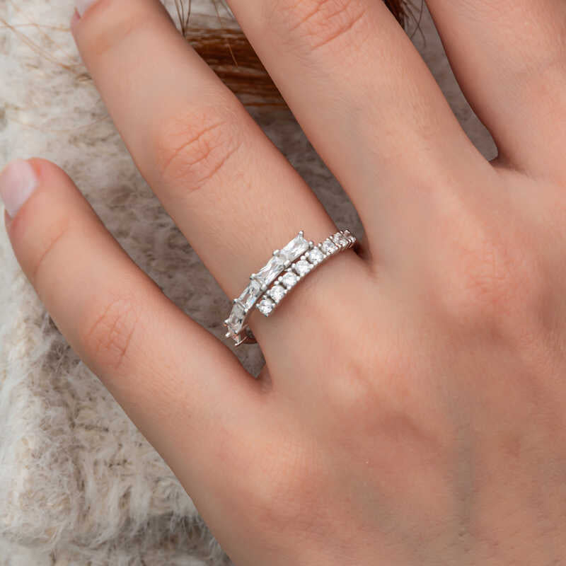 Baguette Stone Half-Hoop Women's Silver Ring