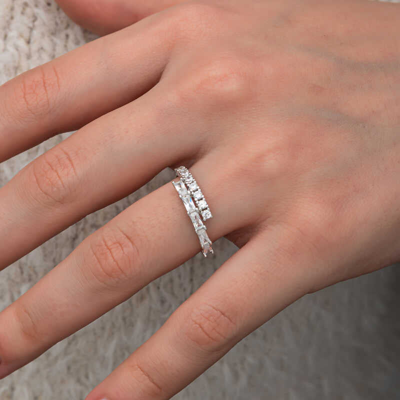 Baguette Stone Half-Hoop Women's Silver Ring