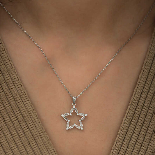 Baguette Stone Star Silver Necklace