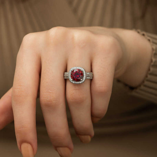 Red Baguette Round Women's Silver Ring