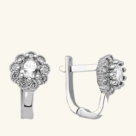 White Flower Pattern Round J Women's Silver Earrings