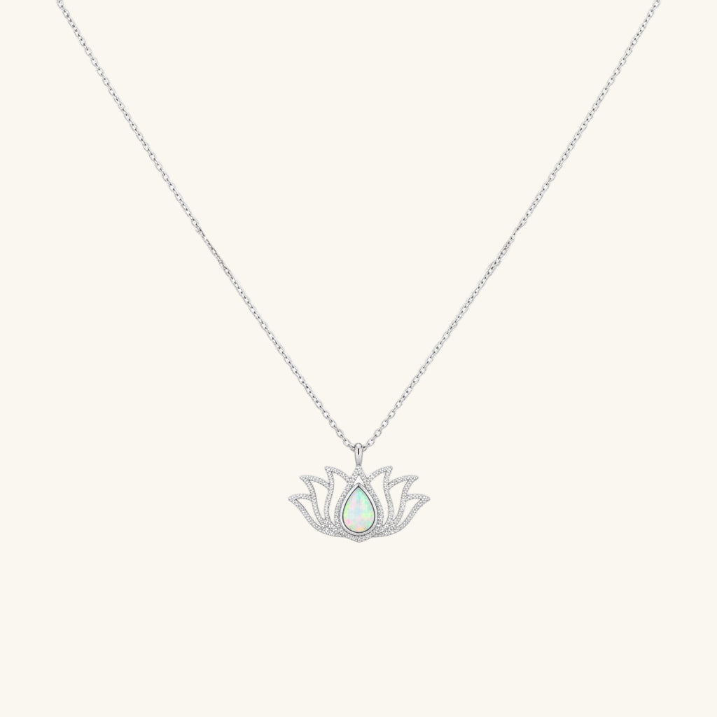 White Opal Stone Lotus Women's Silver Pendant