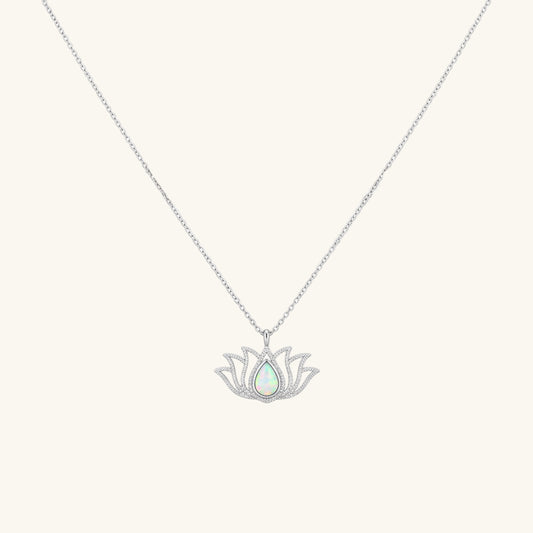 White Opal Stone Lotus Women's Silver Pendant