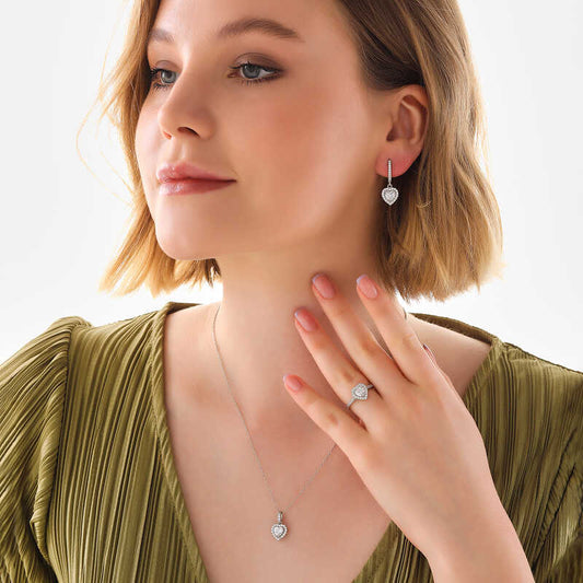 White Stone Heart Pattern Women's Silver Set