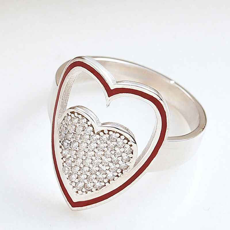White Stone Heart Women's Silver Ring