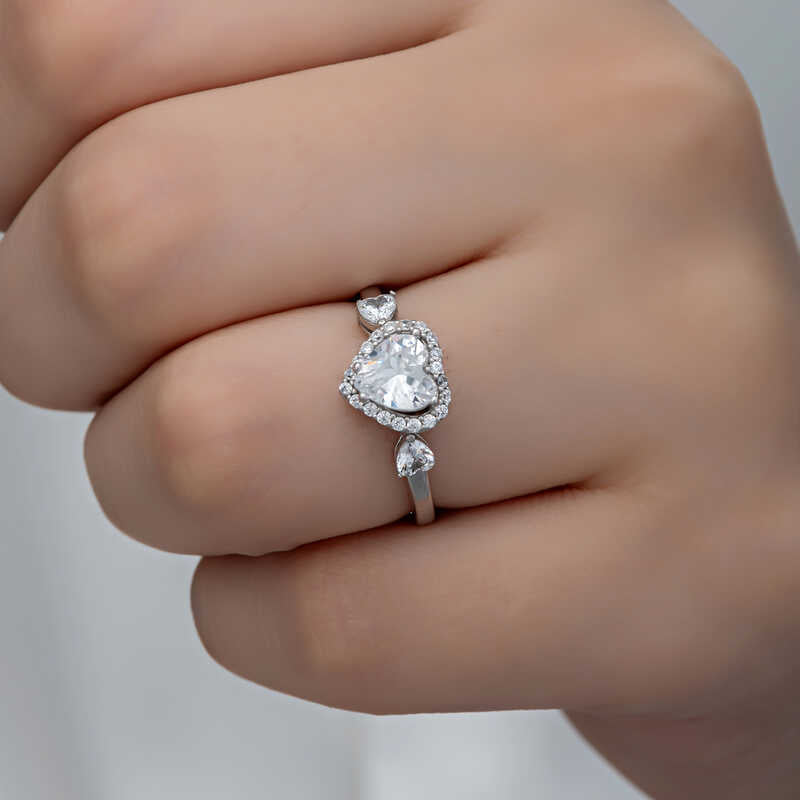 White Stone Heart Women's Silver Ring