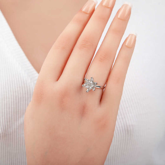 White Stone Lotus Flower Adjustable Women's Silver Ring