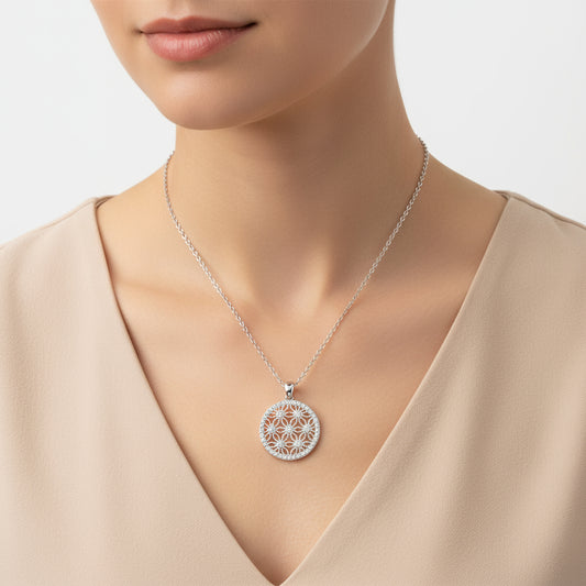 Weiße Steinblume des Lebens Damen Silber Halskette