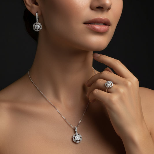 White Zircon Stone Flower Women's Silver Set