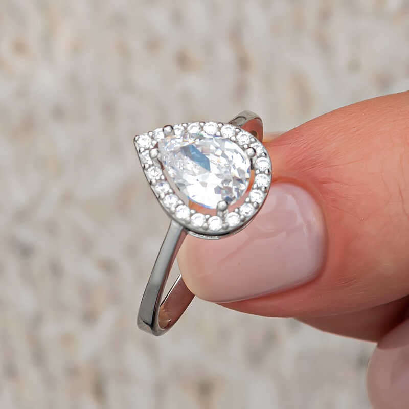 White Zircon Stone Drop Women's Silver Ring