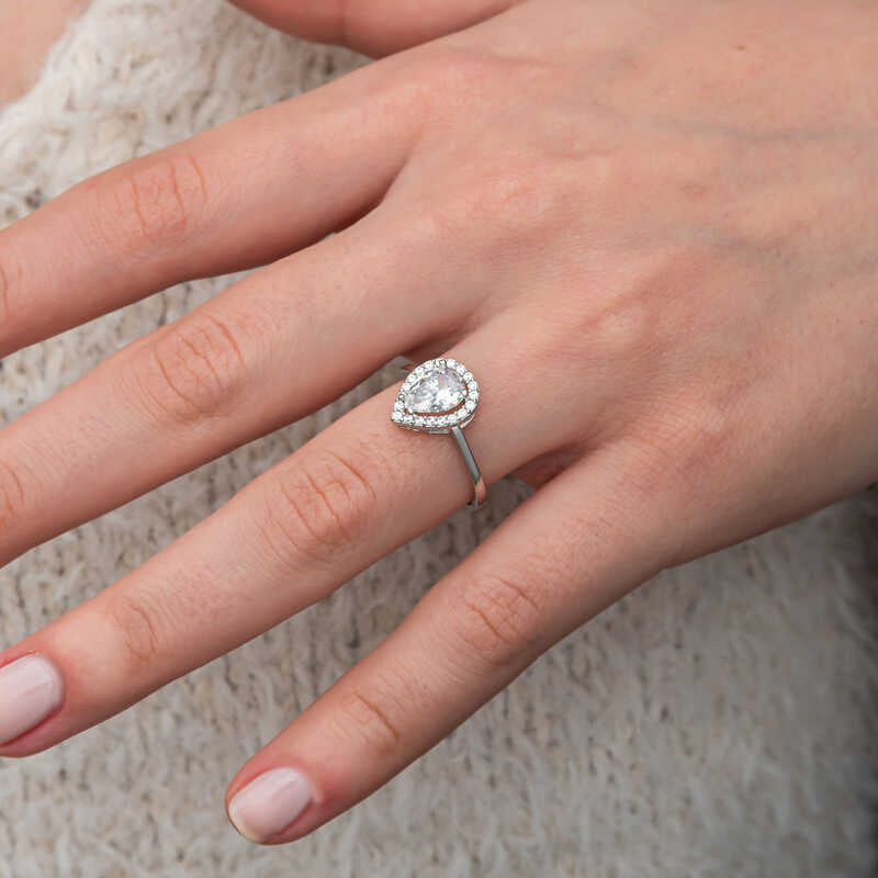 White Zircon Stone Drop Women's Silver Ring