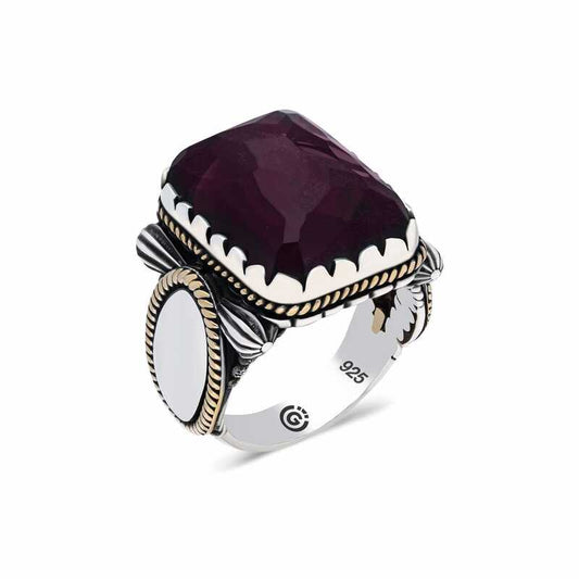 Burgunder Stein Quadrat Herren Silber Ring