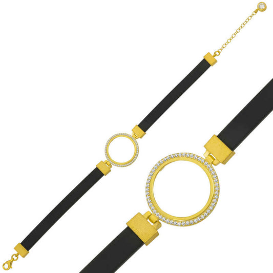 Gold Plated Quarter Wearable Black Strapped Women's Silver Bracelet