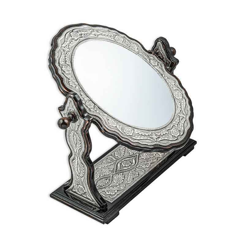 Flower Patterned Oval Double-Sided Silver Mirror