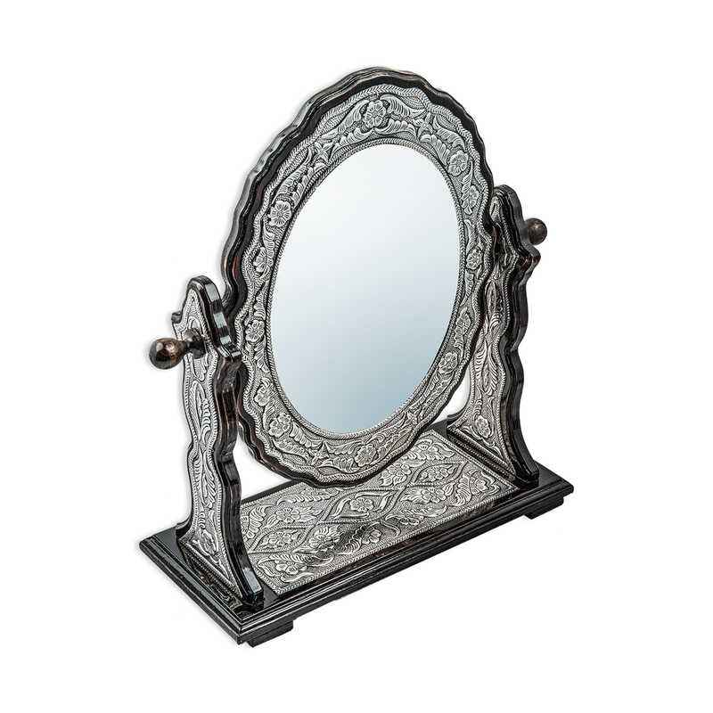 Flower Patterned Oval Double-Sided Silver Mirror