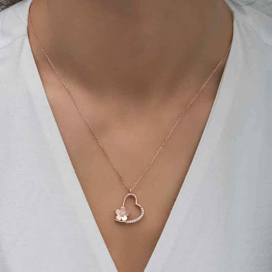 Rose Plated Flower Heart Women's Silver Pendant