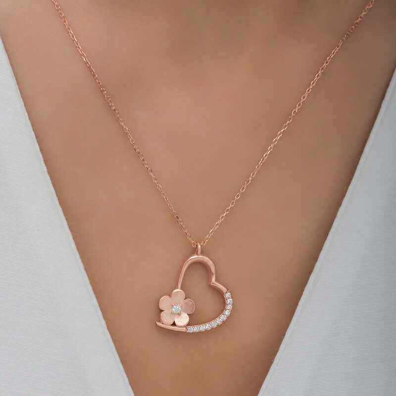 Rose Plated Flower Heart Women's Silver Pendant