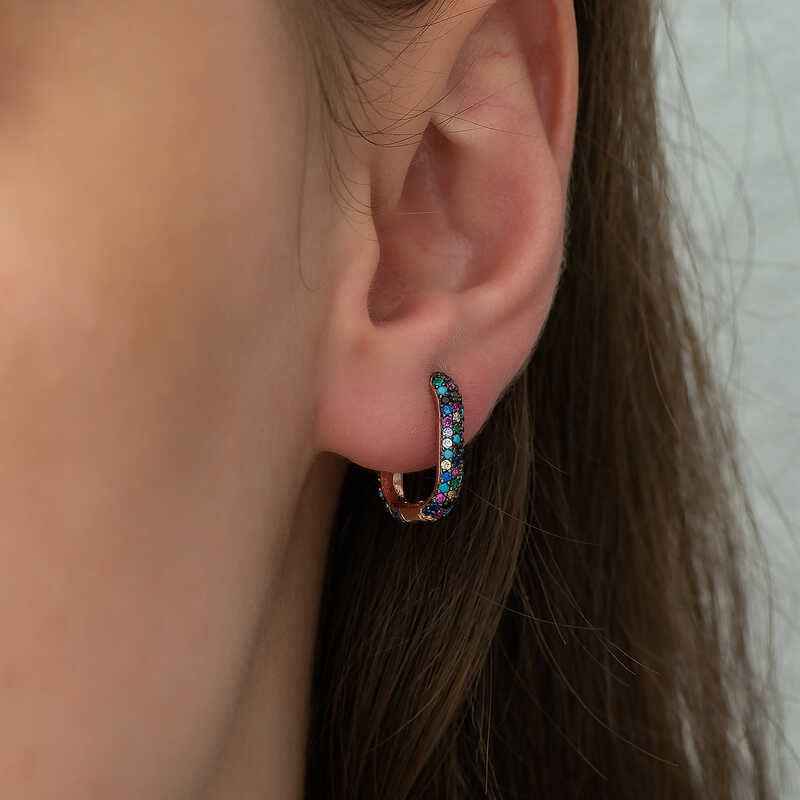 Double-Sided Mixed Stone J Women's Rose Gold Plated Silver Earrings