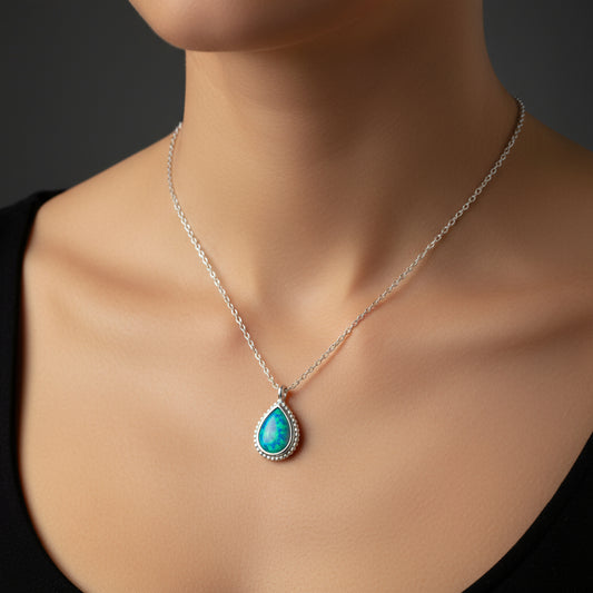 Drop Blue Opal Stone Women's Silver Necklace