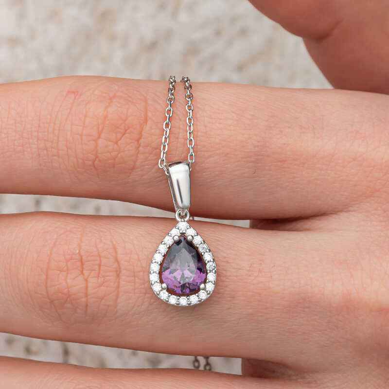 Drop Purple Stone Women's Silver Necklace