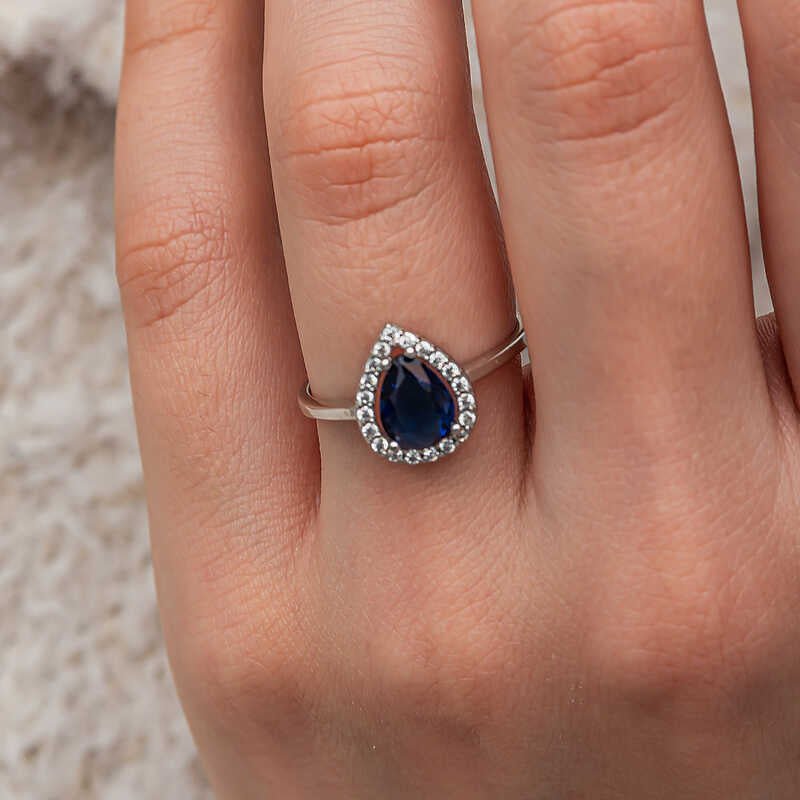 Drop Sapphire Stone Women's Silver Ring