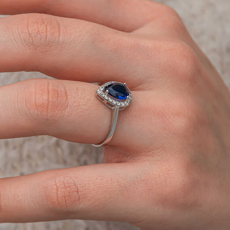 Drop Sapphire Stone Women's Silver Ring