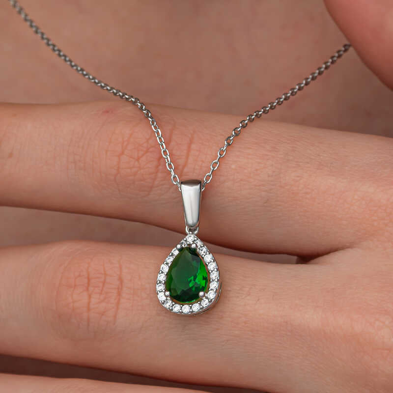 Drop Emerald Stone Women's Silver Necklace