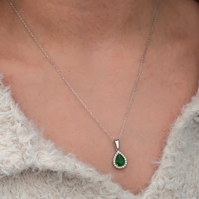 Drop Emerald Stone Women's Silver Necklace