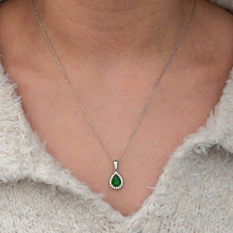 Drop Emerald Stone Women's Silver Necklace