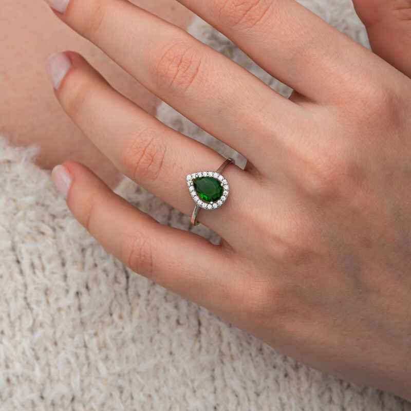Drop Emerald Stone Women's Silver Ring