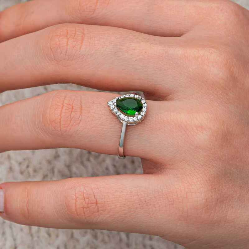 Drop Emerald Stone Women's Silver Ring