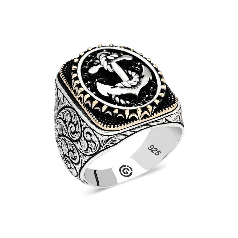 Bague ovale en argent pour homme avec ancre marine
