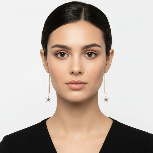 Black Stone Starfish Chain Silver Earrings