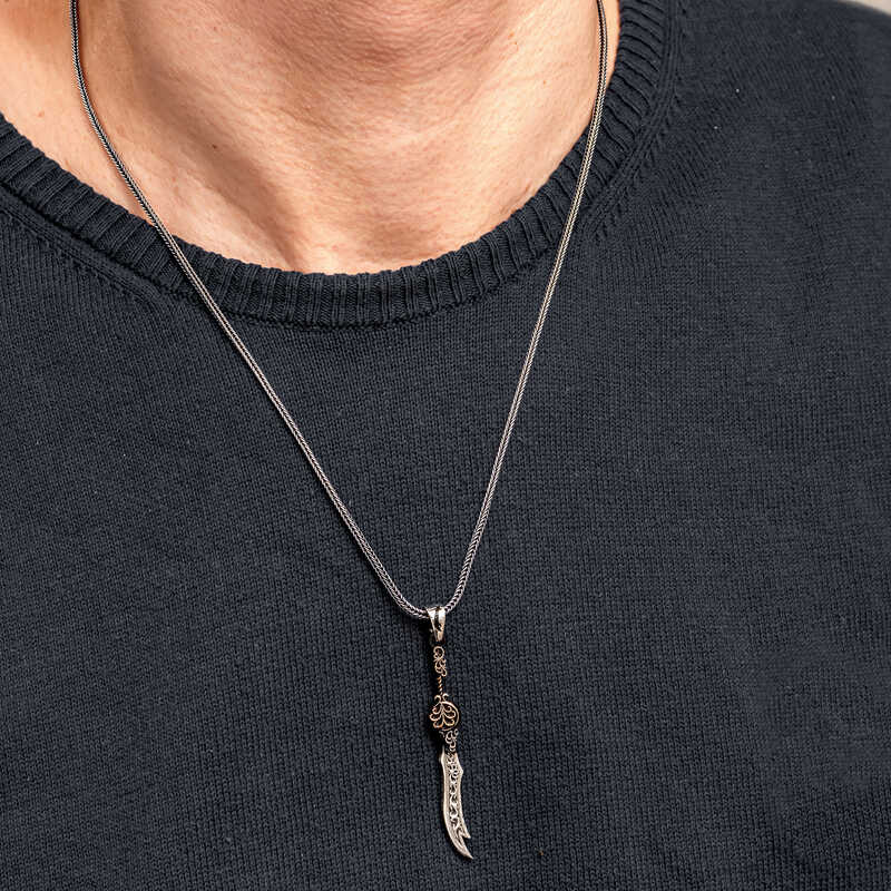 Patterned Zulfiqar Sword Men's Silver Necklace