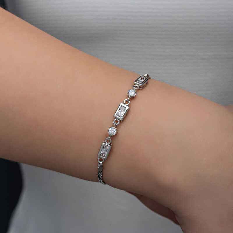 Rectangle Zircon Stone Women's Silver Bracelet