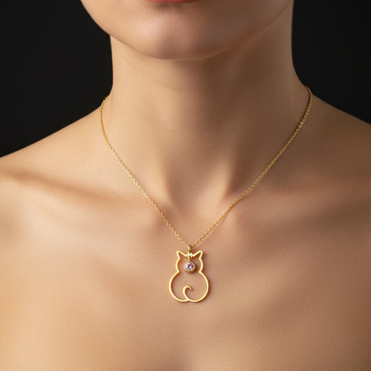October Birthstone Cat Women's Silver Necklace