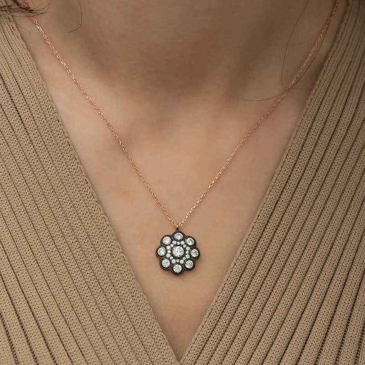 Diamond Mount Flower Women's Rose Plated Silver Necklace