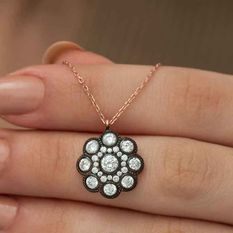 Diamond Mount Flower Women's Rose Plated Silver Necklace