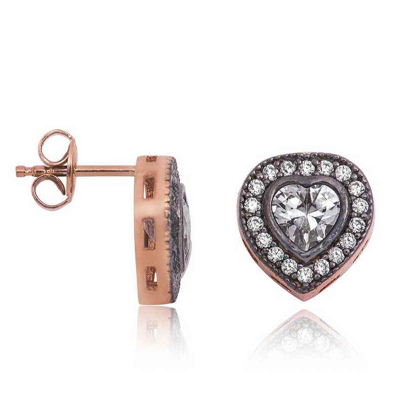 Heart-Shaped Diamond Mount Women's Rose Gold Plated Silver Earrings