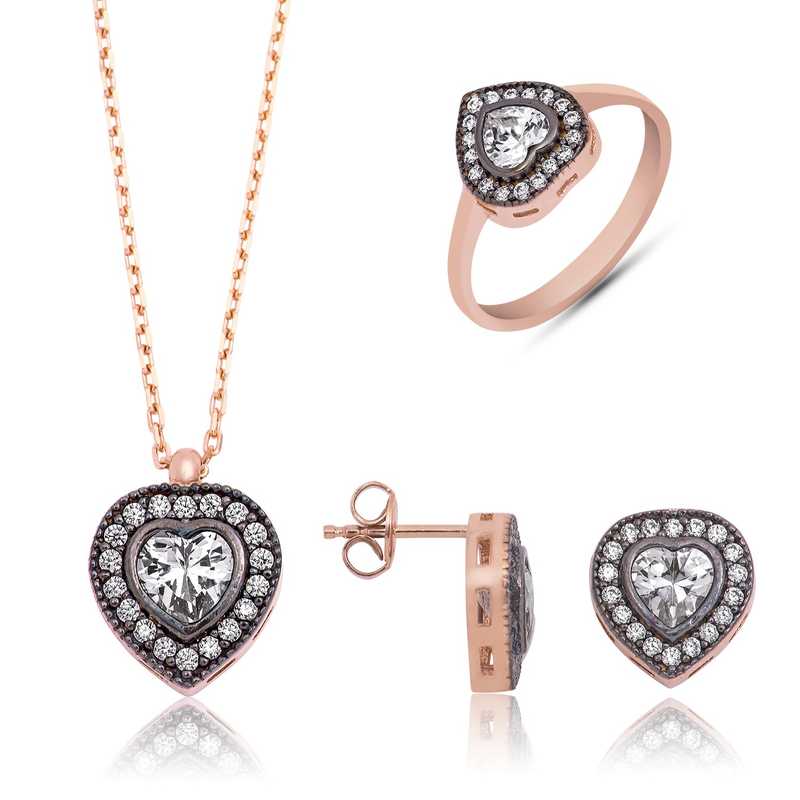 Diamond Mount Heart Women's Rose Plated Silver Set