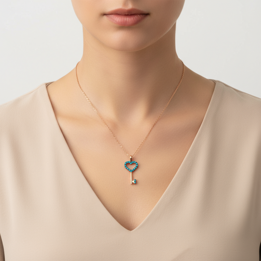 Blaue Herzschlüssel Damen Silber Halskette