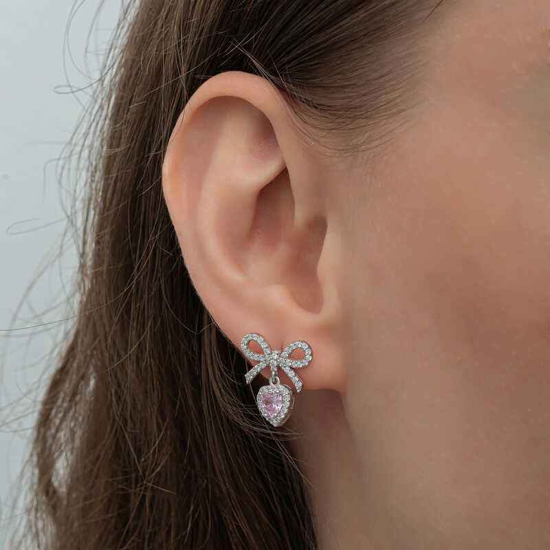 Bow Pink Stone Heart Stud Women's Silver Earrings