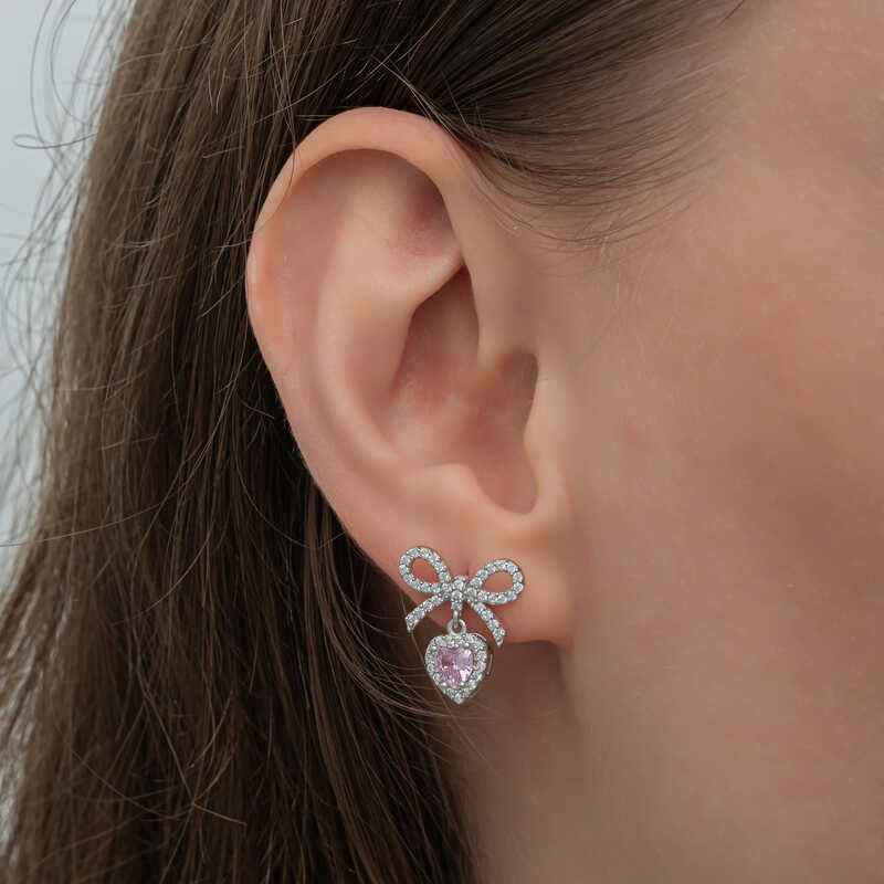 Bow Pink Stone Heart Stud Women's Silver Earrings