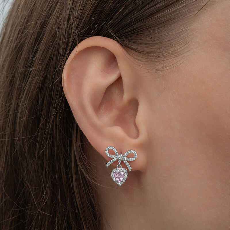 Bow Pink Stone Heart Stud Women's Silver Earrings